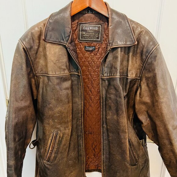 Vintage Distressed Oakwood Classic Leather Jacket Men's Large Johnny Depp Style - Picture 4 of 16